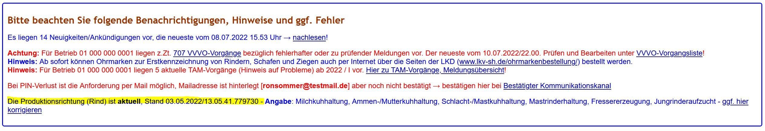 Auszug aus der Meldeübersicht der HI-Tier-Anwendung