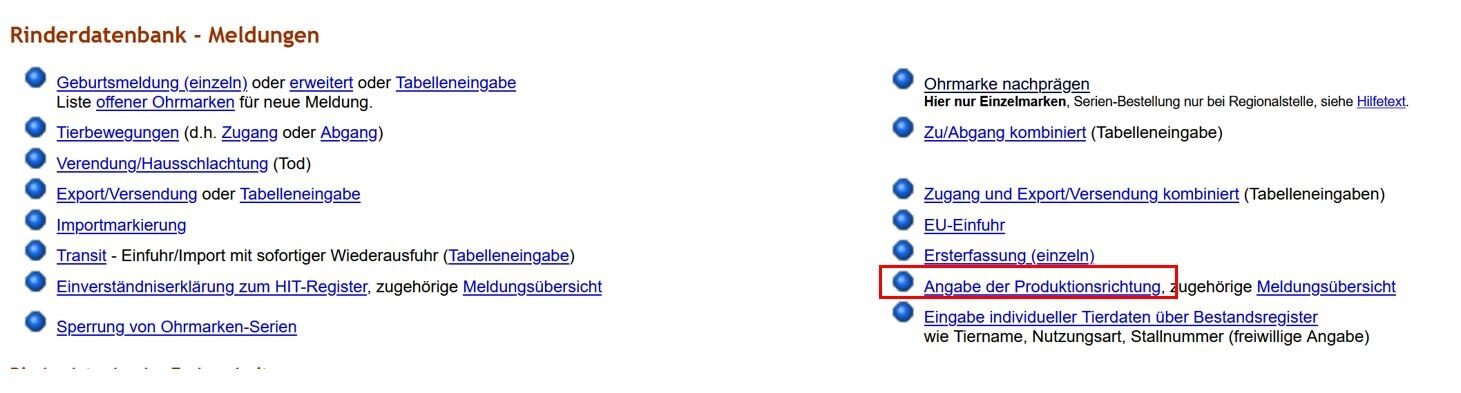 Auszug aus dem Anwendermenü der HI-Tier-Datenbank, Rinderdatenbank