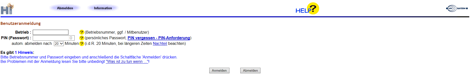 Anmeldung mit Betriebsnummer und PIN (Passwort) auf hi-tier.de