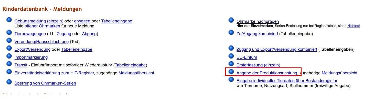 Auszug aus dem Anwendermenü der HI-Tier-Datenbank, Rinderdatenbank